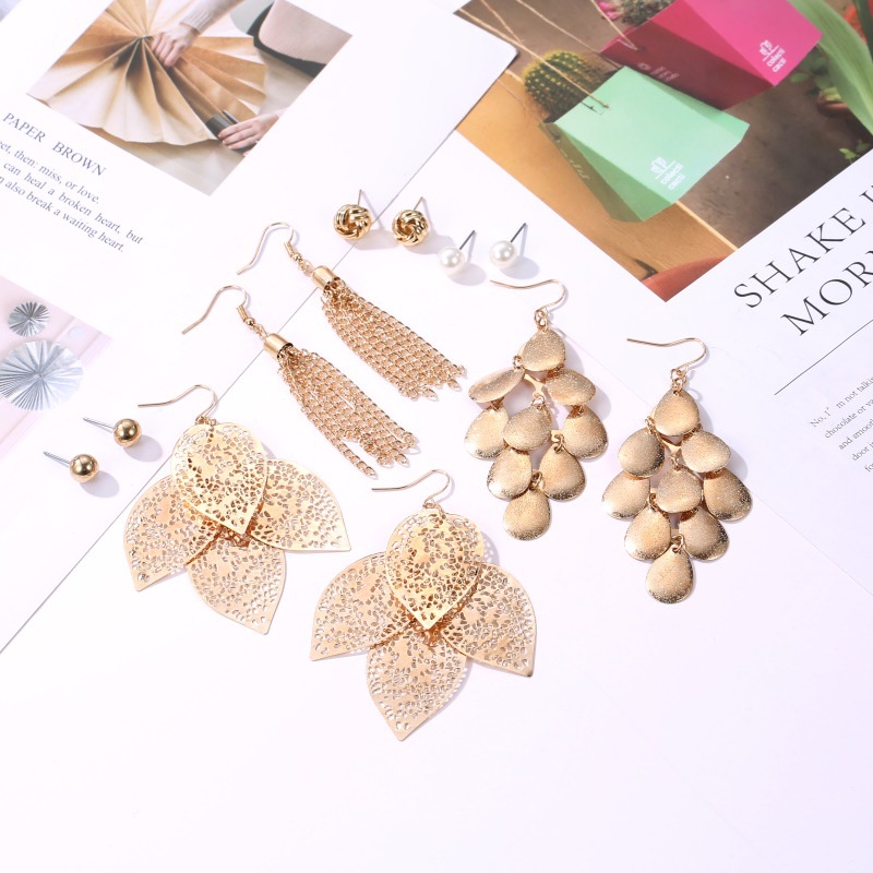 6 Pcs / set Anting Rumbai Desain Daun hollow Aksen Mutiara Gaya Eropa Amerika