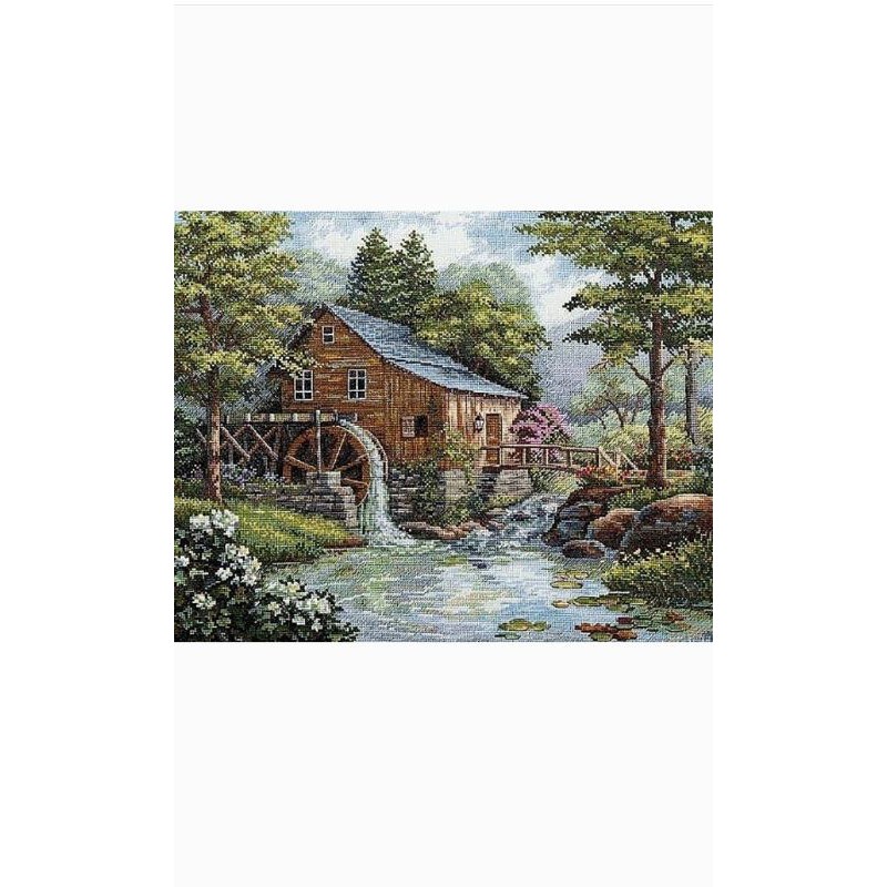 paket kristik rumah kincir air dan pepohonan cross stitch kit