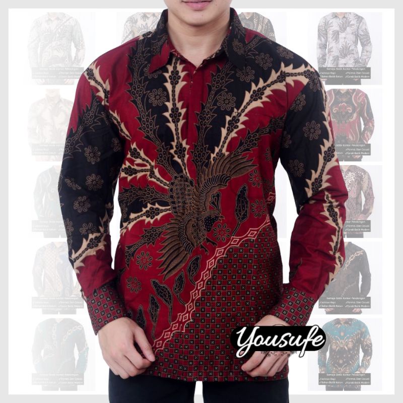 Kemeja Batik Pria Lengan Panjang Modern Motif Murai Merah Kekinian Seragam Khas Nusantara Indonesia COD Shopee