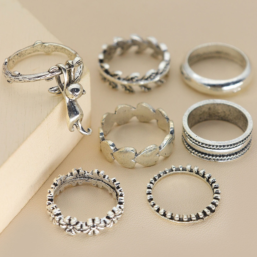 7pcs / Set Cincin Sendi Jari / Knuckle Ring Bentuk Kucing / Daun Warna Silver