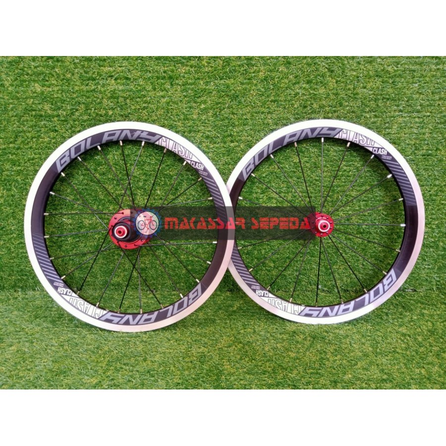 WHEELSET VELG SEPEDA BOLANY 349 VBRAKE 24/24 HOLE HUB MERAH
