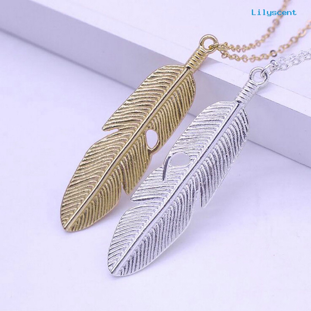 Kalung Panjang Dengan Liontin Bentuk Bulu Bahan Alloy