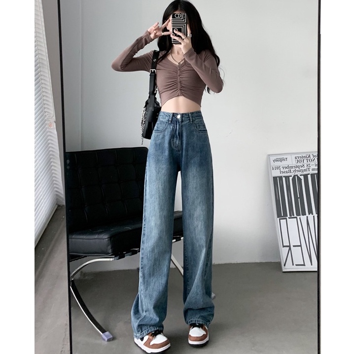 Biru retro korean style kekinian import loose straight celana jeans panjang wanita