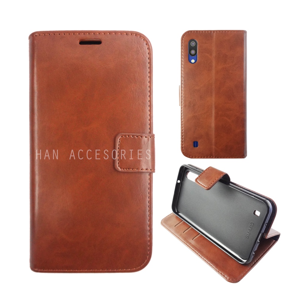 (PAKET HEMAT) Fashion Selular Flip Leather Case Samsung Galaxy M10 Flip Cover Wallet Case Flip Case + Nero Temperred Glass