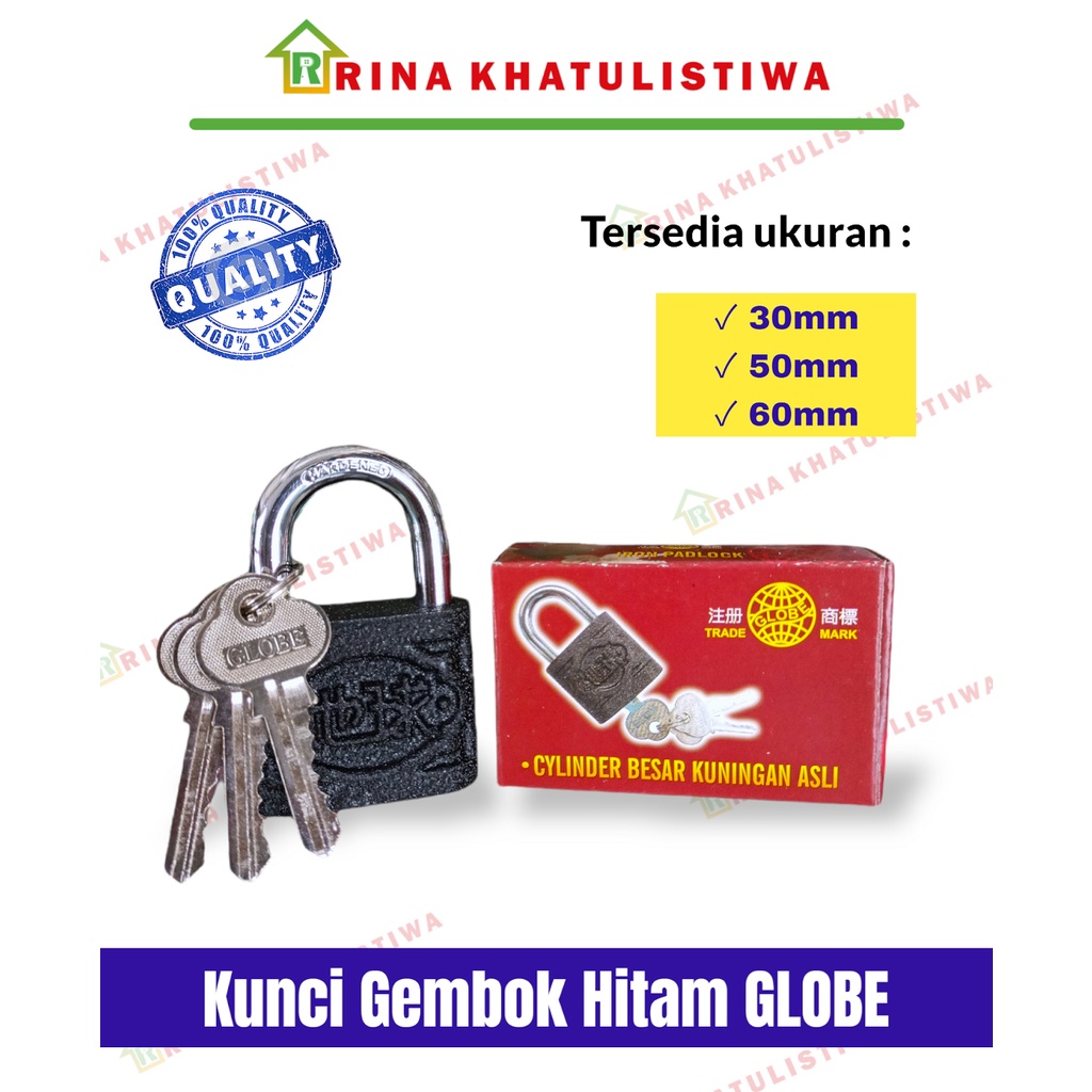 

Gembok Hitam Globe 30mm, 50mm, 60mm | Kunci Gembok Globe 30mm, 50mm, 60mm