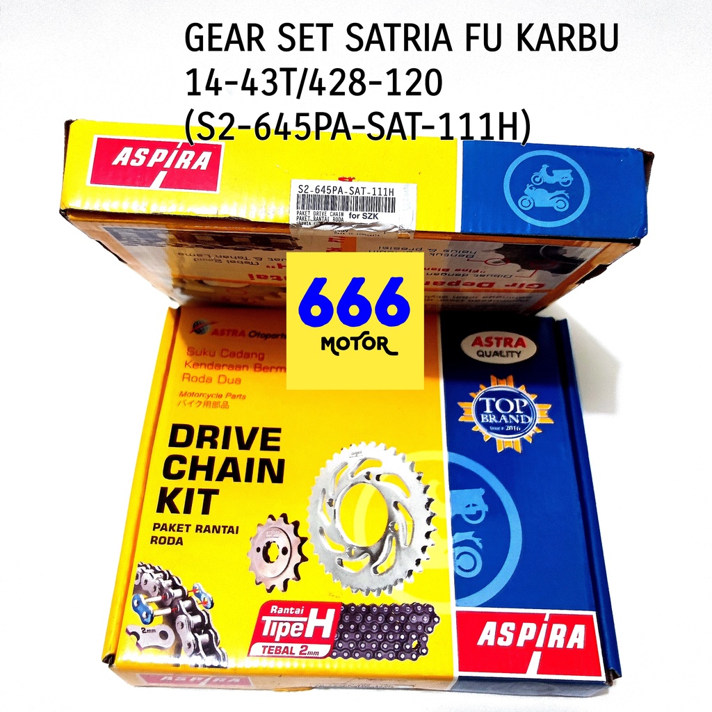 GEAR SET DEPAN BELAKANG PLUS RANTAI SATRIA FU KARBU 14-43T/428-120 (S2-645PA-SAT-111H)  ASPIRA ASTRA OTOPART