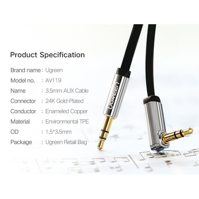 UGREEN Premium Kabel Flat Audio AUX L Jack 3.5mm 1 Meter AV119