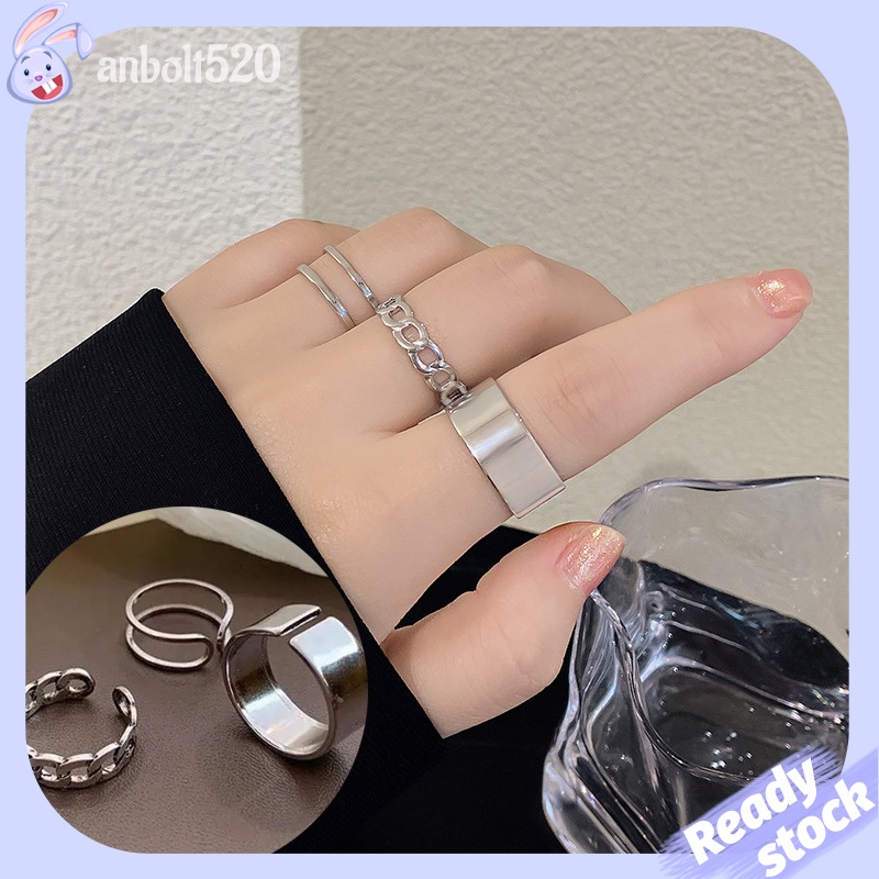 3 in 1 Cincin Set  Adjustable Cincin Korea Silver Gaya Punk Aesthetic Cincin Pria keren Untuk Wanita
