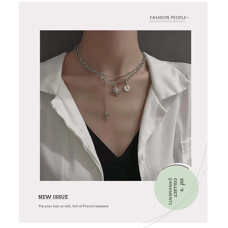 Jepang dan Korea gaya retro disco double layer delapan Awning bintang kalung salib street hip-hop bu