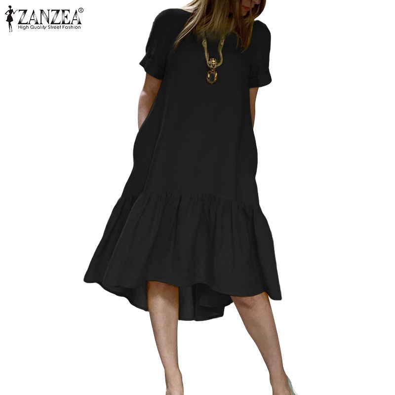 ZANZEA Women Summer Short Sleeved Casual Loose Ruffled Midi Dress Party Beach Dresses