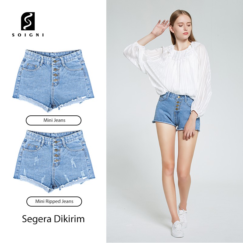 SOIGNI Celana  Jeans  Pendek  Wanita  Mini Shorts Ripped High 