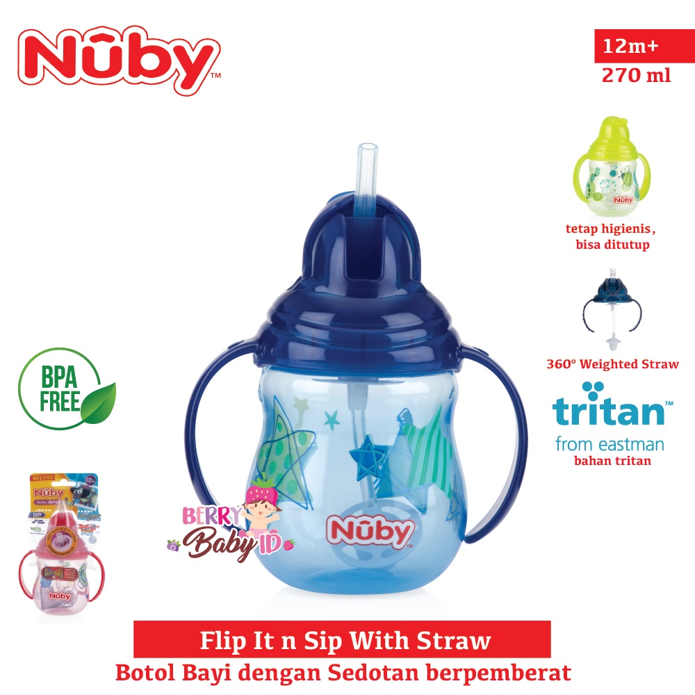 Nuby Flip It n Sip Straw Botol Training Cup Sedotan Bayi Anti Tumpah Botol Sedotan Bayi Anak BPA Free Berry Mart