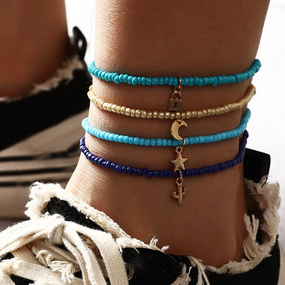 Lily 4PCS /SET Gelang Kaki Multilayer Elastisitas Gelang Kaki Bohemian Lucu Campur