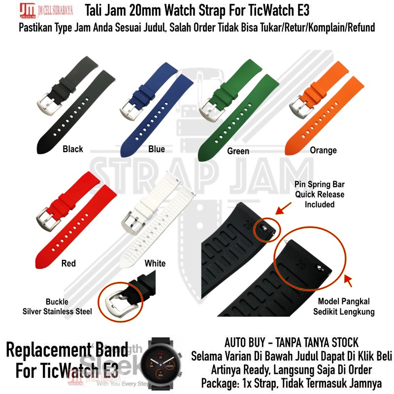 LKG Tali Jam Tangan Ticwatch E3 - Strap 20mm Rubber Silikon High Quality Silver Buckle