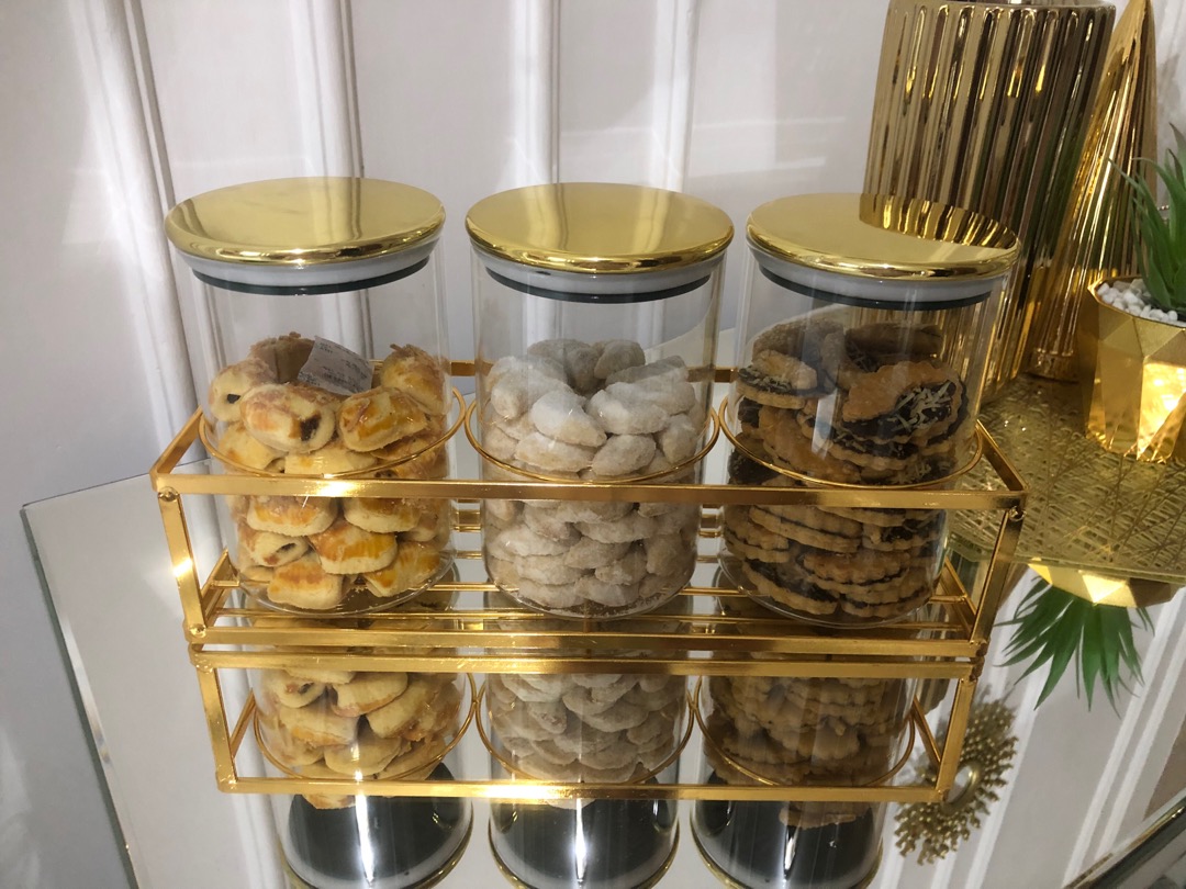 Set Triple Gold Jar Rack / Set Tempat Toples Snack Dengan Rak / Mewah Alat Dapur Pajangan Rumah