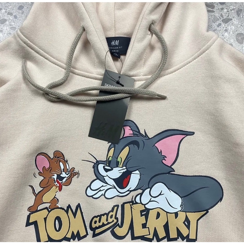 SWEATER HOODIE HM TOM&amp;JERRY CREAM PRINTED FULLTAG HOODIE HNM TERBARU PREMIUM