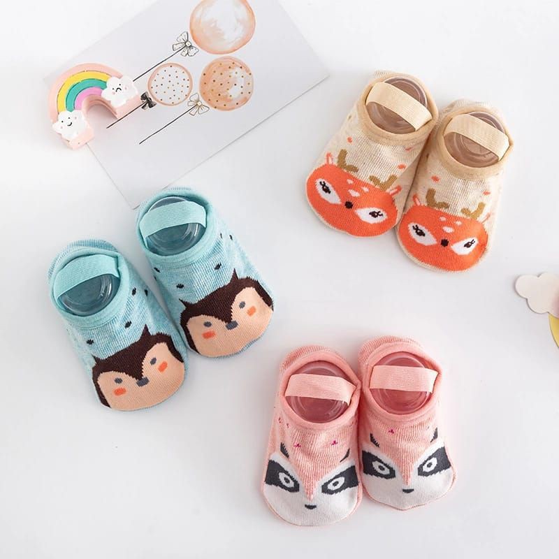 INDOMINI KAOS KAKI ANKLE DENGAN STRAP MOTIF KARTUN HEWAN BAHAN KATUN ANTI SLIP UNTUK BAYI NEW R307