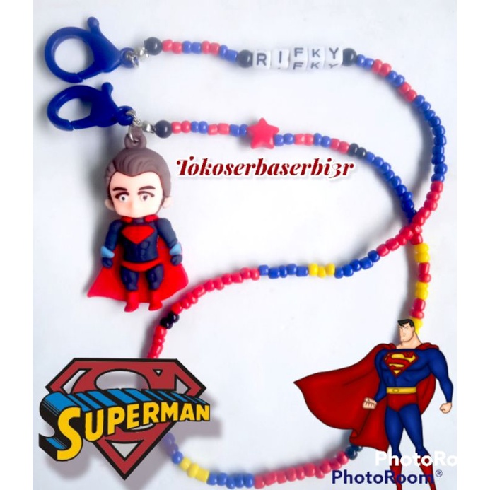 Kalung masker anak tema SUPERMAN (ada bandulnya/bonekanya)/ Strap masker anak (bisa request nama/motif/warna)