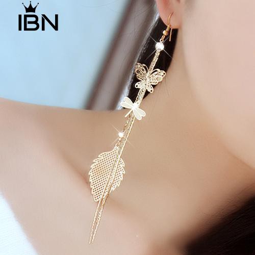 Berlian Imitasi Kupu-kupu Dragonfly Leaf Drop Panjang Jumbai Anting Rantai-5