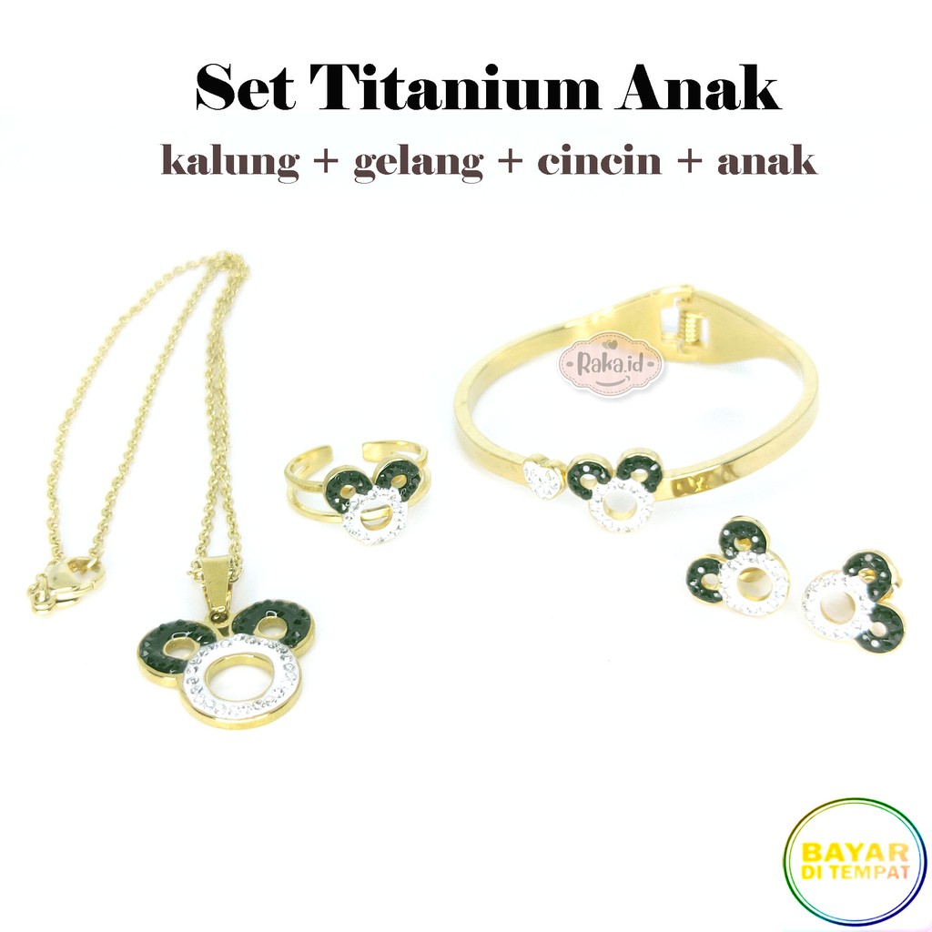 Paket Set Titanium Anak Kalung + Gelang + Cincin + Anting Mickey Hitam Putih Stainless Steel 639