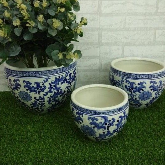 Pot Tanaman / Pot Keramik Biru Putih/ Pot Tanam  Set 3 pcs Diameter Besar:30 cm,Sedang 25cm,Kecil:20
