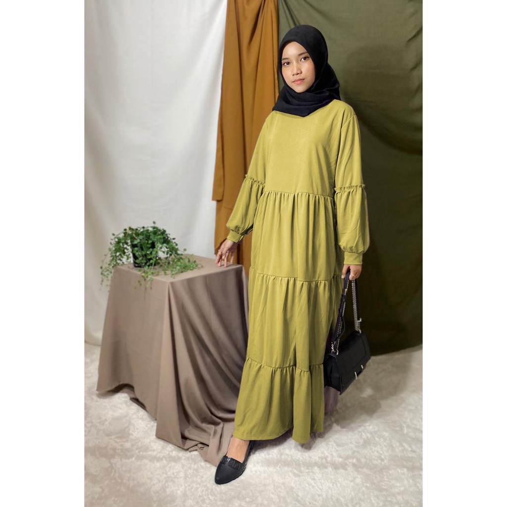 Gamis Wanita Lengan Panjang Fashion Muslim Devi Fit  L-XL Lingkar Dada 100cm Panjang 130cm-DEVI LimeGreen
