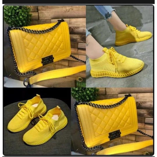 paket tas dan sepaatu sneakers wanita pink strar yellow dan black