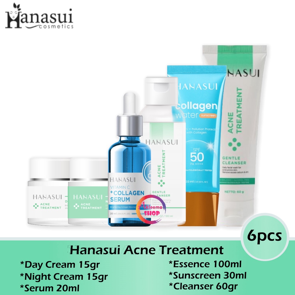 Paket Hanasui Acne Treatment 6pcs (day+night+serum biru+essence+sunscreen+cleanser)