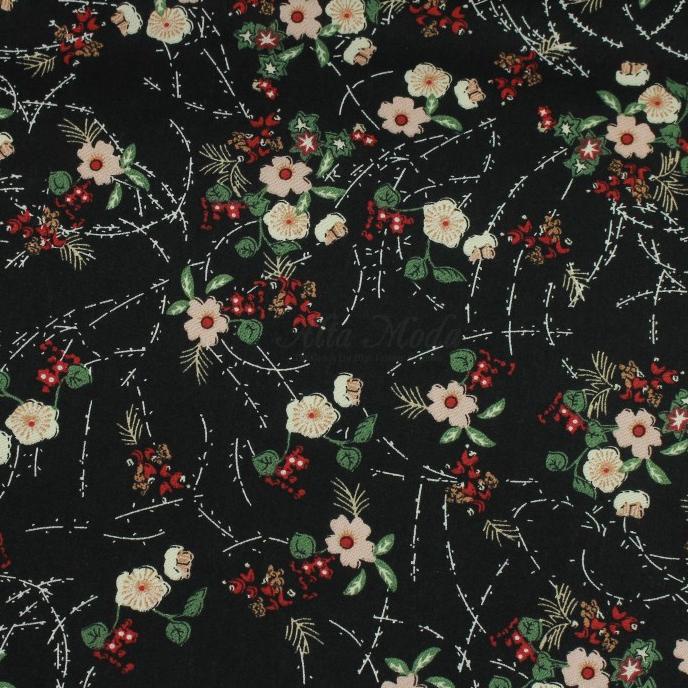 Katun Motif Bunga Jasmin Daun (Hitam)( Alta Moda)*
