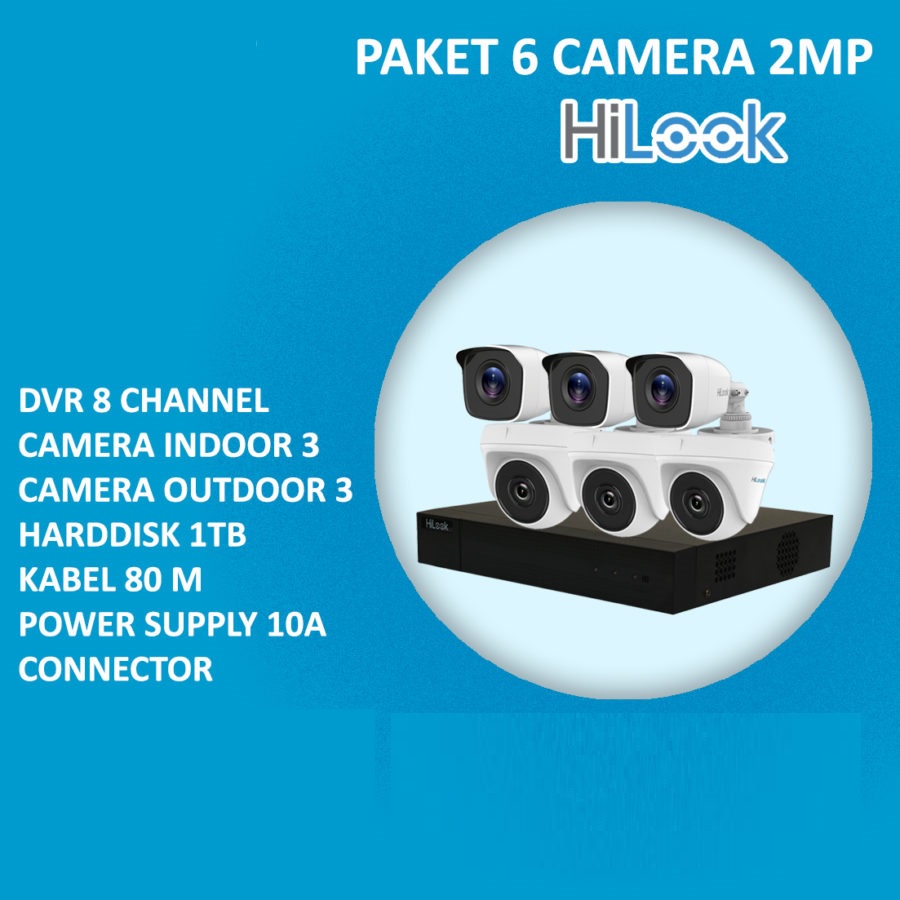 Paket CCTV HiLook 2MP 6 Kamera HDD 1TB Siap Pasang