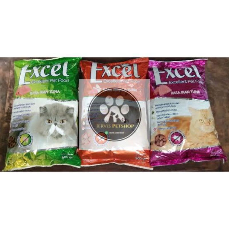 Excel makanan kucing 500gr,fish,donat,segitiga dan Kitten