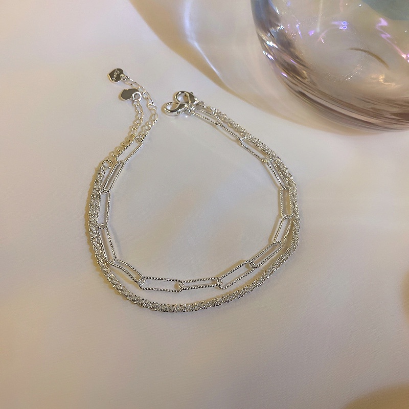 AY(CN) 2pcs / Set Gelang Rantai Lapis Ganda Warna Silver Gaya Korea Untuk Wanita