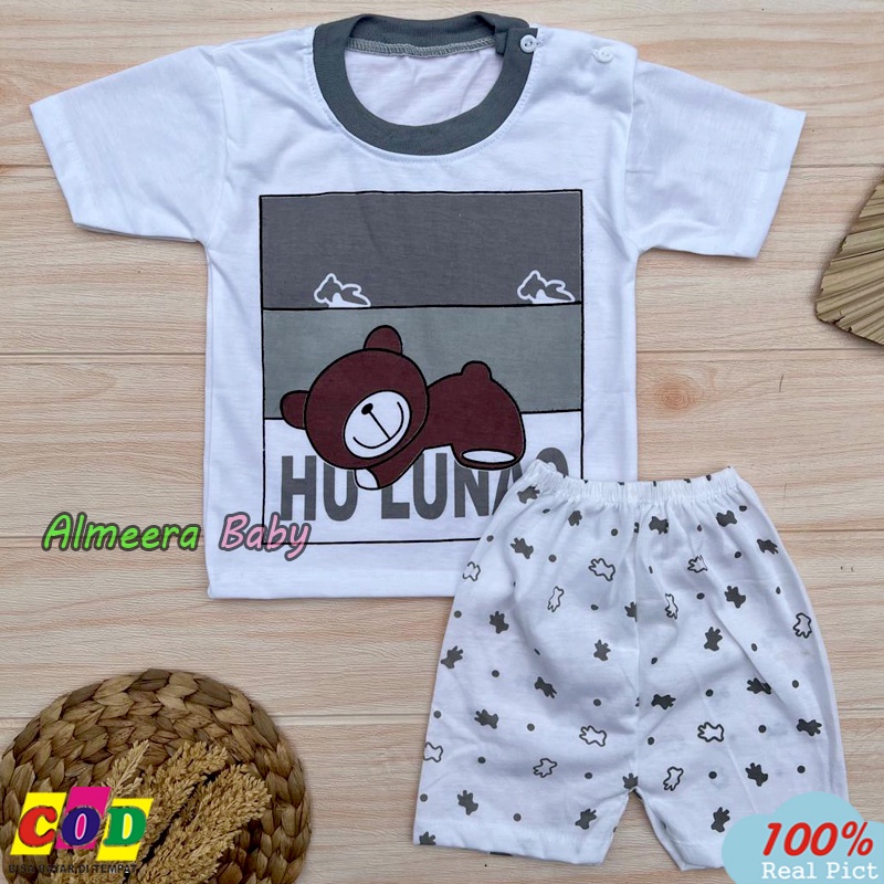 Setelan Baju Bayi Setelan Piyama Bayi Lengan Pendek Kancing Bahu Usia 3-12 Bulan Almeera Baby