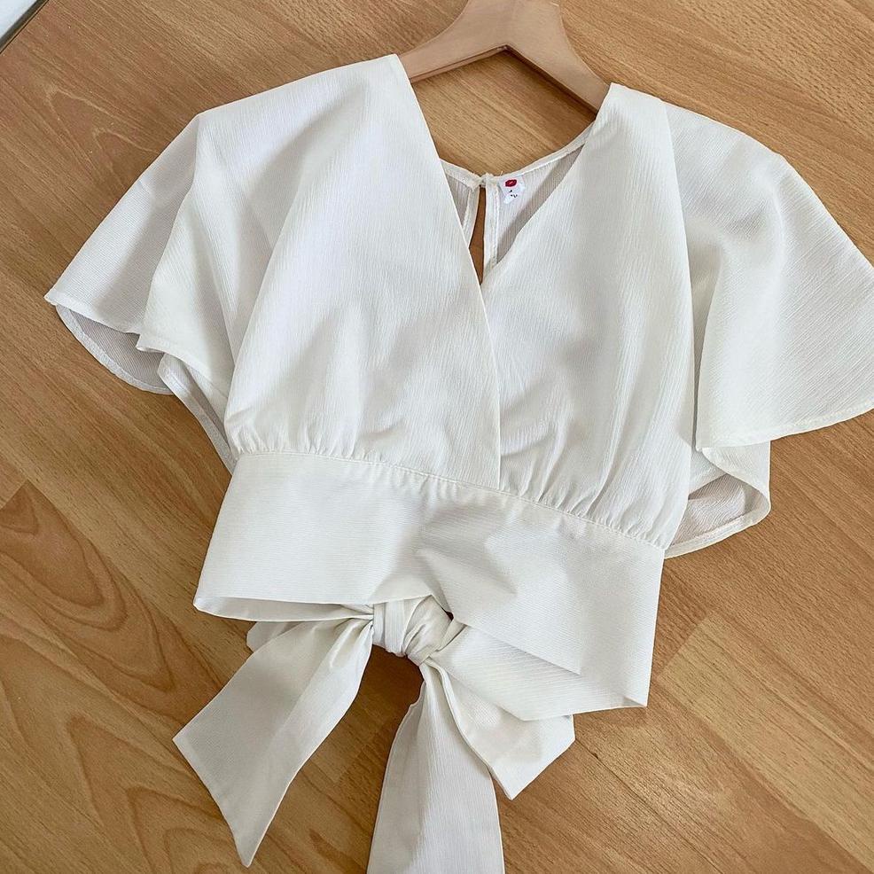 Femei Outer Blouse Slit Back Self Tie Wrap Crop Top Atasan Wanita Korean StyleBow Back Cardy ‣ TJS.7