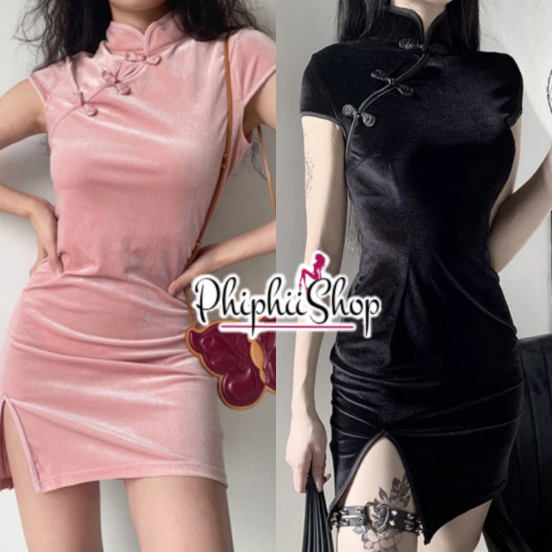 PREMIUM Shanghai Dress Cheongsam Qipao China Beludru Tebal Cosplay Pink Hitam