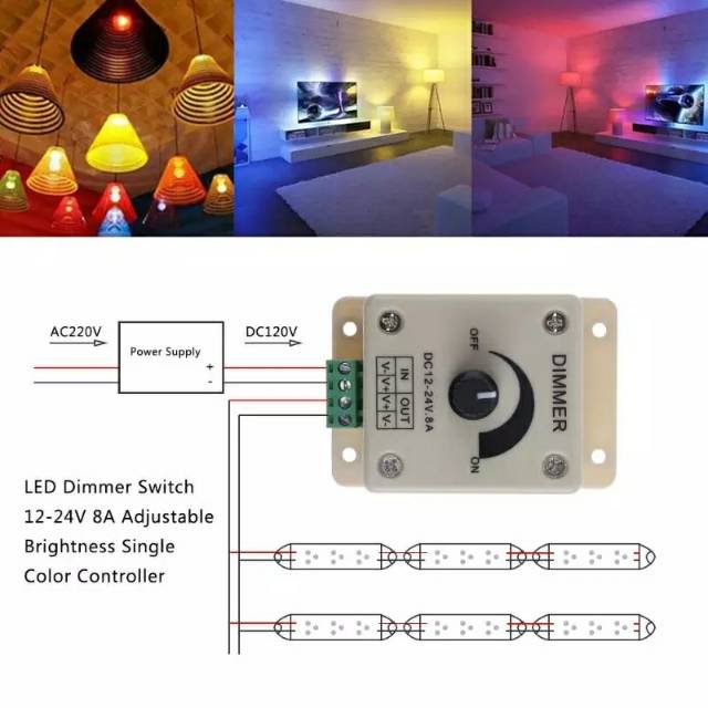 Dimmer Switch DC 12 24 V 8A Adjustable Kecerahan Lampu Strip Off Power Supply bohlam Controller