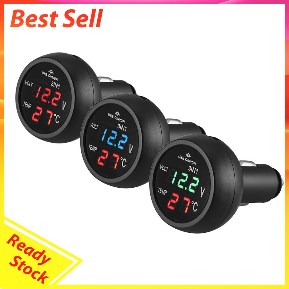 3 in 1 Voltmeter Digital LED 12 / 24V + Termometer + Charger USB