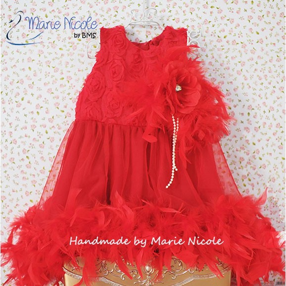 Gaun Bulu Feather Red Pink Dress Babymaniashopid