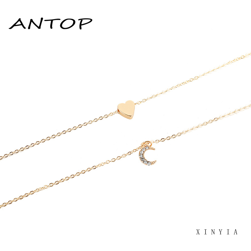 Kalung Rantai Multilayer Dengan Liontin Hati Dan Bulan Untuk Wanita ANTOP