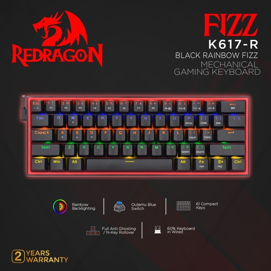 Redragon Mechanical Gaming Keyboard 60% RAINBOW FIZZ-K617-R