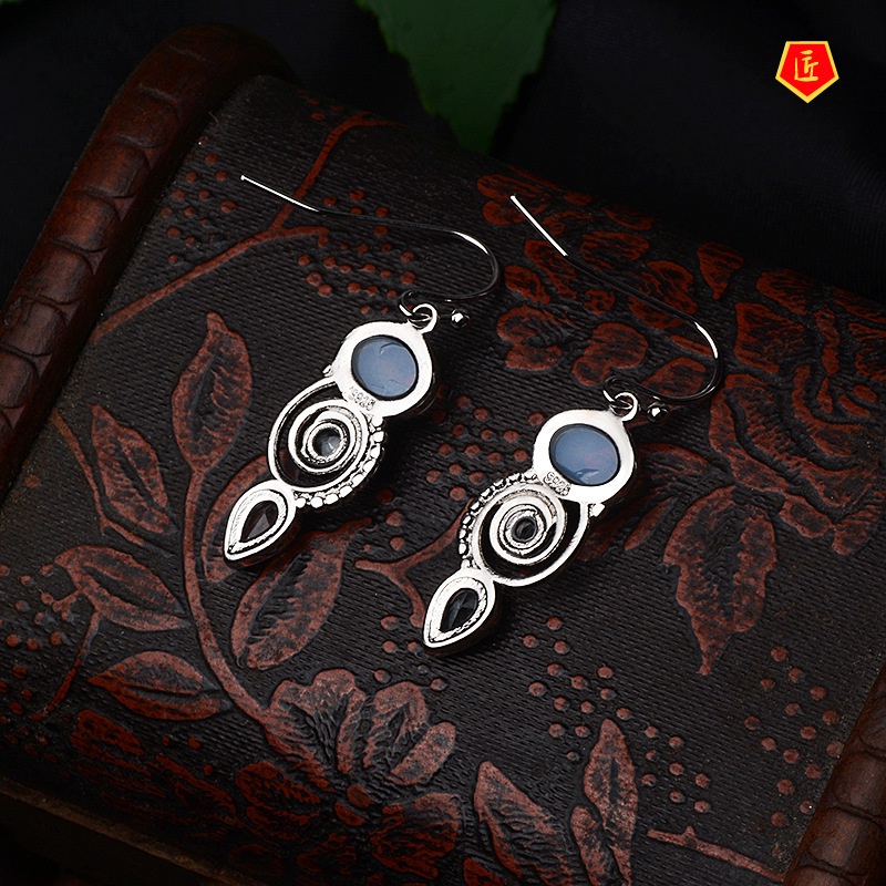 [Ready Stock]Inlaid Sea Blue Topaz Earrings for Women Creative Rotational