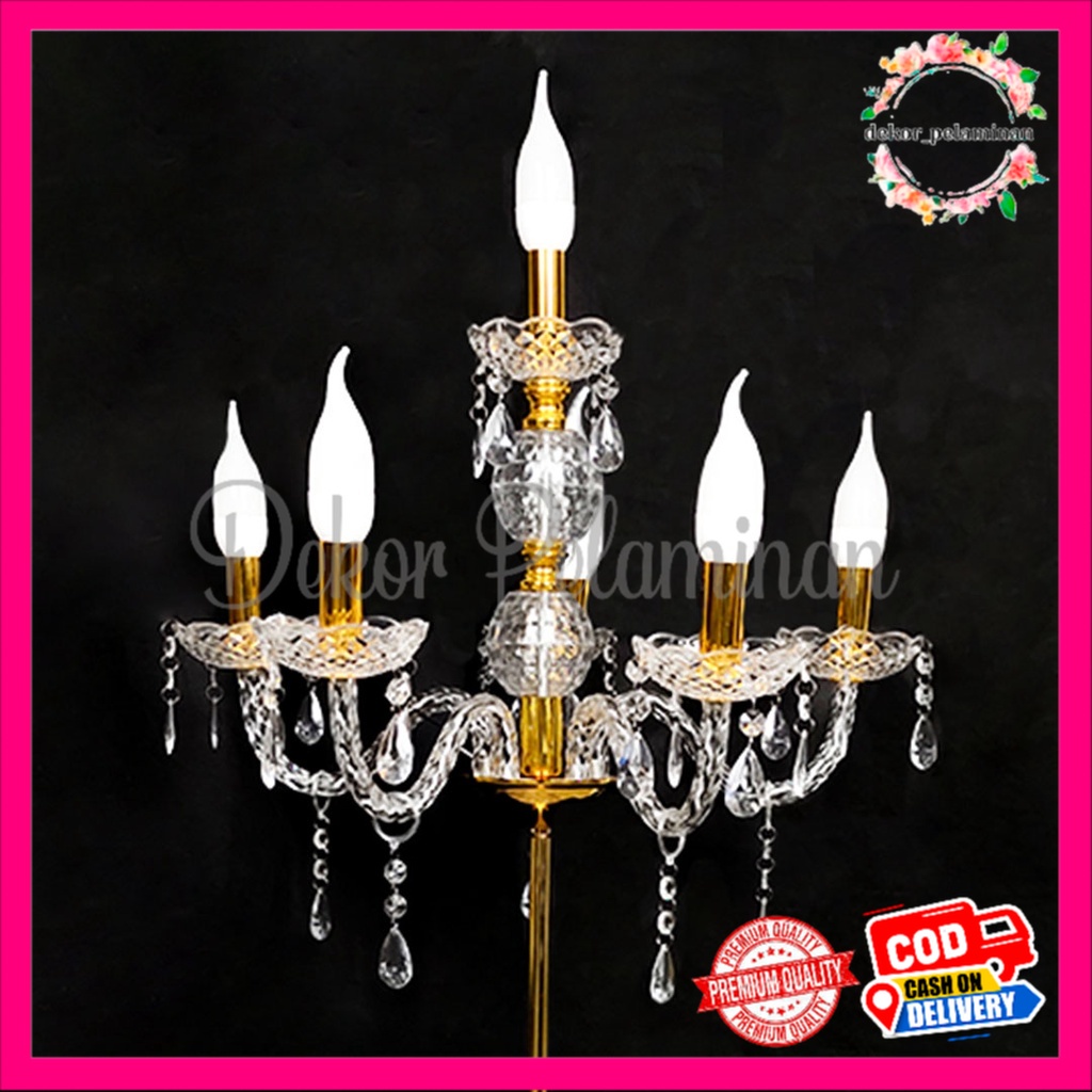 1 Set Lampu Standing / Berdiri Lilin Chandelier Cabang 6 Kristal Akrilik - Lampu dekorasi pelaminan 