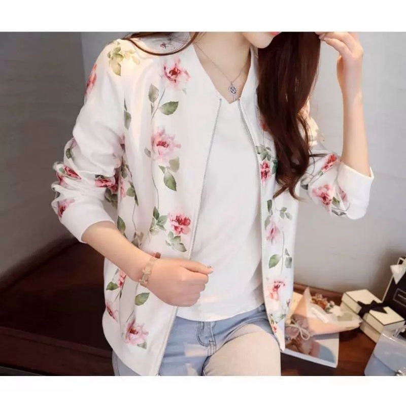 Jaket Sifon Tipis Wanita Motif Floral Resleting Depan Original Import