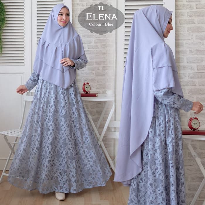 (Promo) Set Syari Putih Polos MAXMARA [Syari Brukat Elena Blue TL] gamis muslim wanita brukat biru