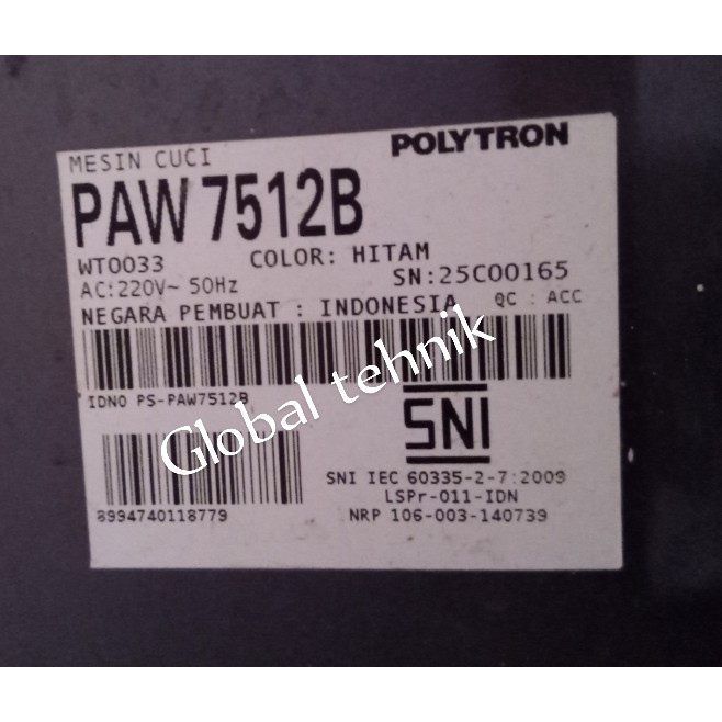 BALING BALING PULSATOR MESIN CUCI OTOMATIS 1 TABUNG POLYTRON ZEROMATIC PAW 7512