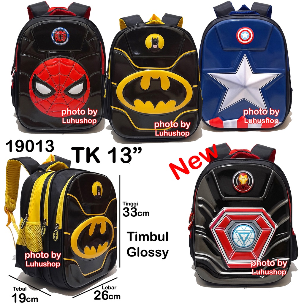 SD / TK Tas Anak Sekolah Laki Laki Ransel Timbul Glossy Superhero Batman Spiderman SUperman Kapten 19013