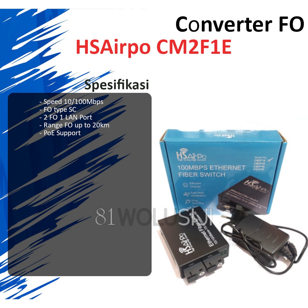 Converter 2 Fiber Optik SC 1 Ethernet HSAirpo CM2F1E PoE 10/100 20KM