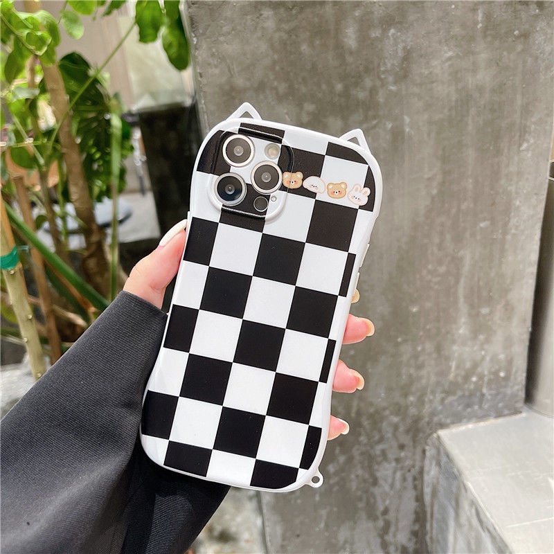 Case Desain Telinga Kucing Kotak-Kotak Untuk Iphone 11 12 Pro Max Xr Xsmax 7 8 Plus Se2020
