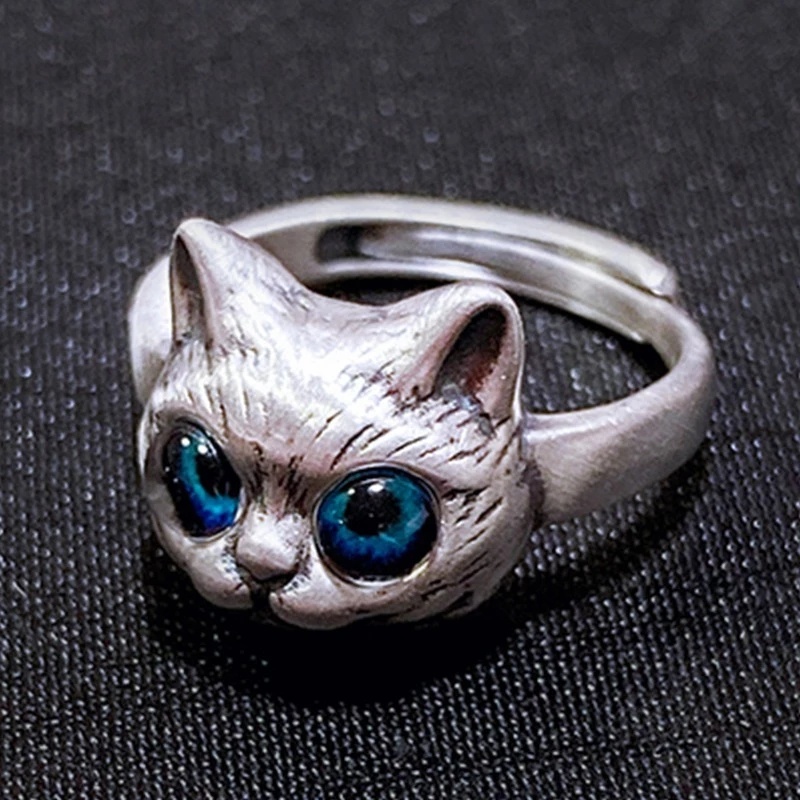 Cincin Model Terbuka Dapat Disesuaikan Desain Hewan Kucing Mata Biru Gaya Vintage Punk Gothic Untuk Unisex