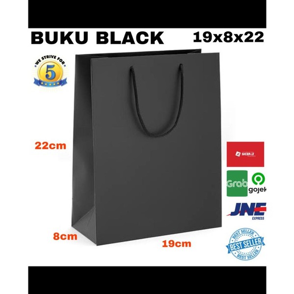 

PAPERBAG HITAM POLOS UK 19X8X22 / MIN ORDER 20PCS KELIPATAN ORDER 20